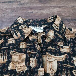 Vtg Corbin Threads Safari Equestrian Bags Seats Stirrups Shirt Womens Size 14
